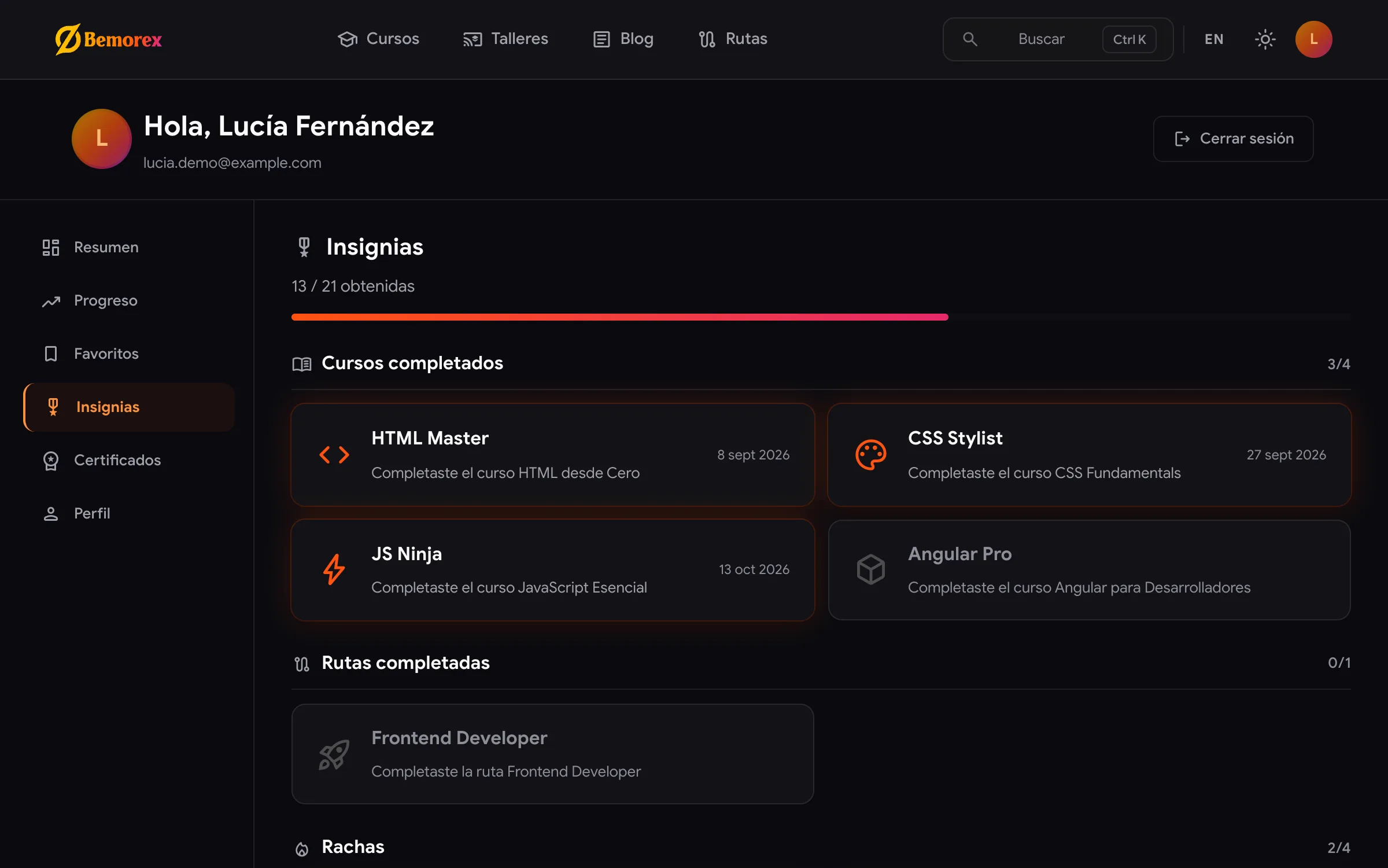 Bemorex Learn: insignias obtenidas con su fecha