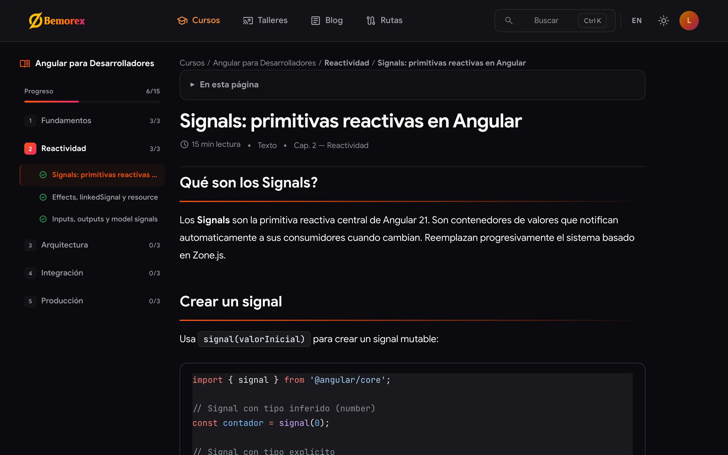 Bemorex Learn: lección «Signals: primitivas reactivas en Angular»