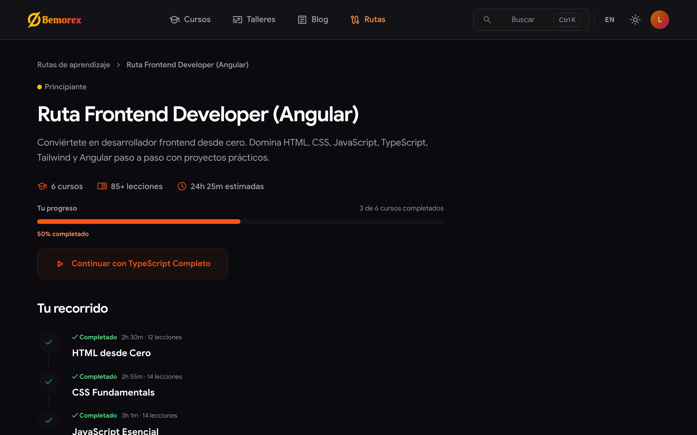 Bemorex Learn: ruta Frontend Developer con el 50 % completado