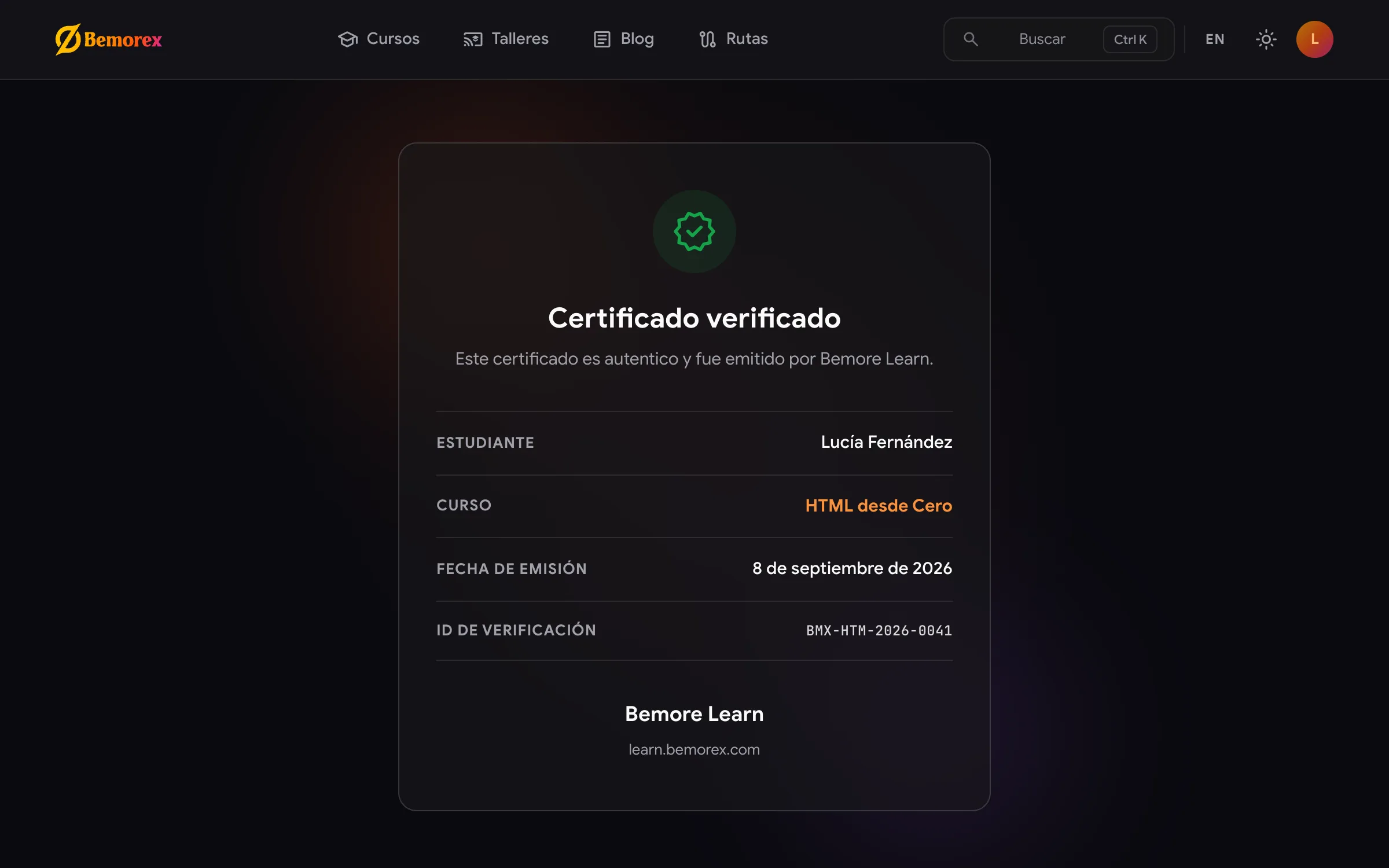 Bemorex Learn: verificación pública de un certificado