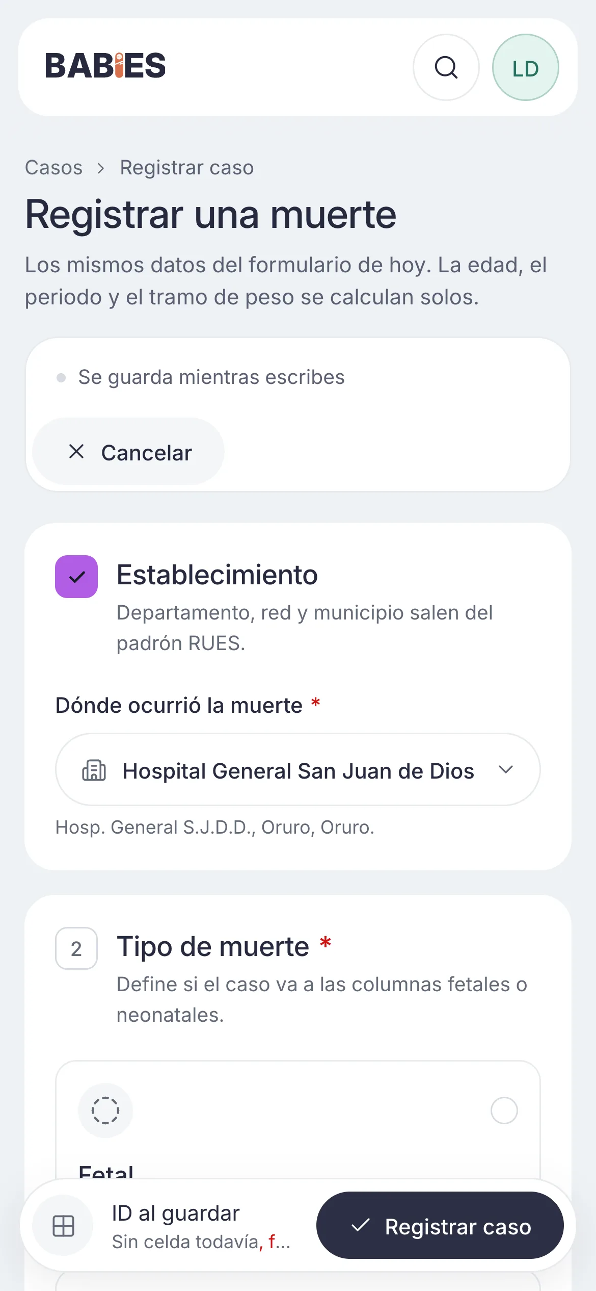 Plataforma de salud del SEDES Oruro en el celular: registrar una muerte en el celular