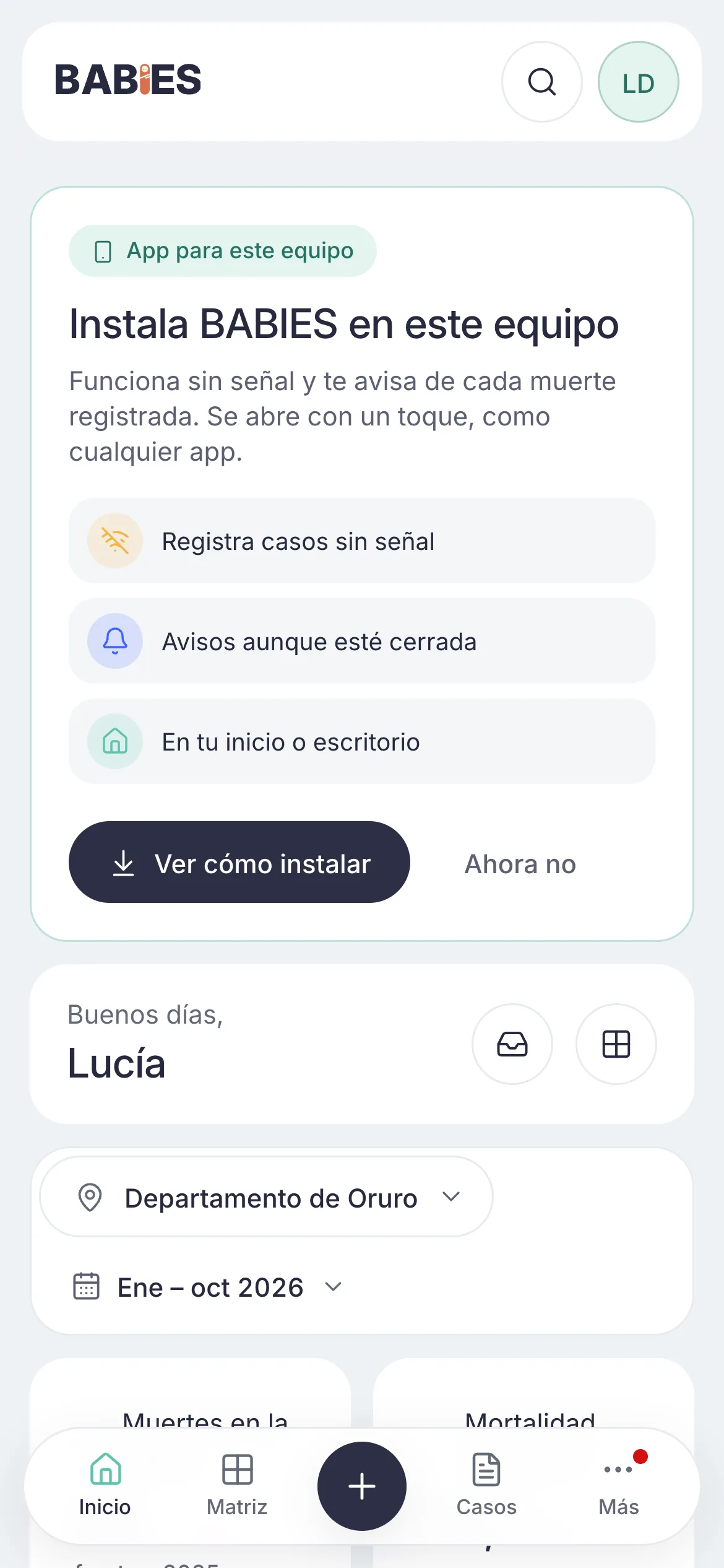 Plataforma de salud del SEDES Oruro en el celular: inicio del equipo