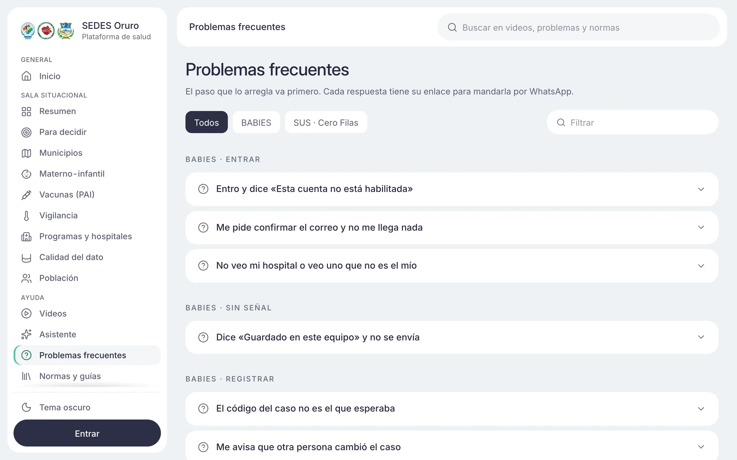 Plataforma de salud del SEDES Oruro: problemas frecuentes