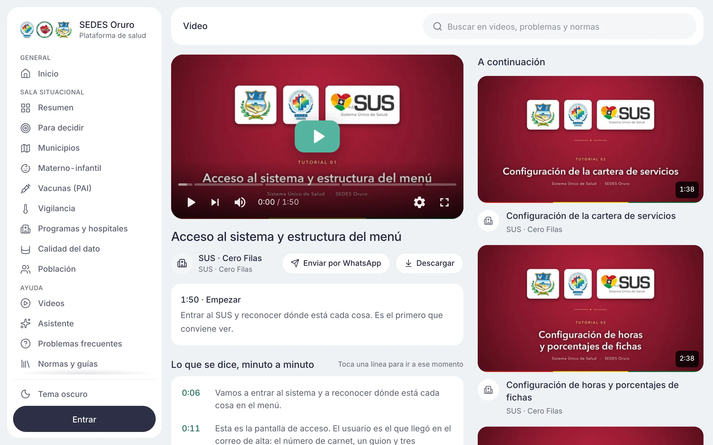 Plataforma de salud del SEDES Oruro: video con transcripción minuto a minuto