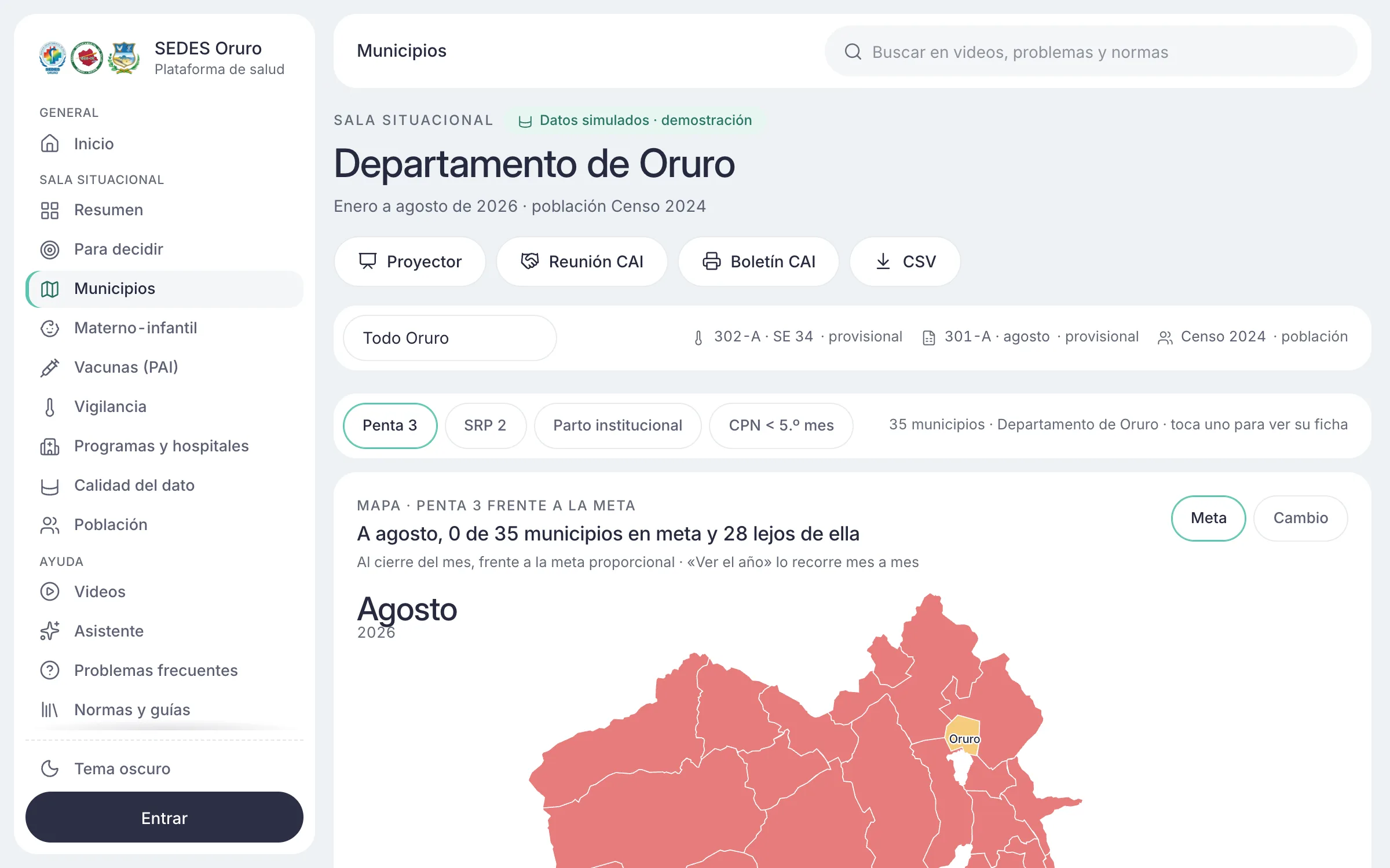 Plataforma de salud del SEDES Oruro: mapa de municipios frente a la meta