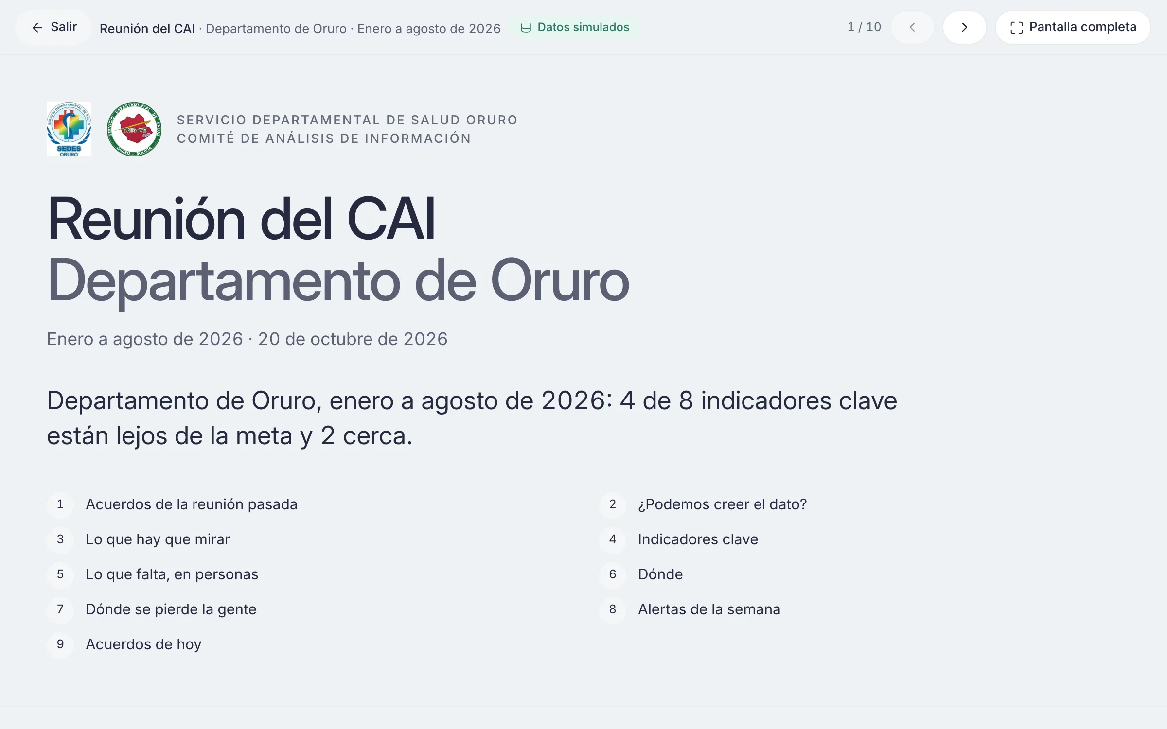Plataforma de salud del SEDES Oruro: modo reunión del CAI