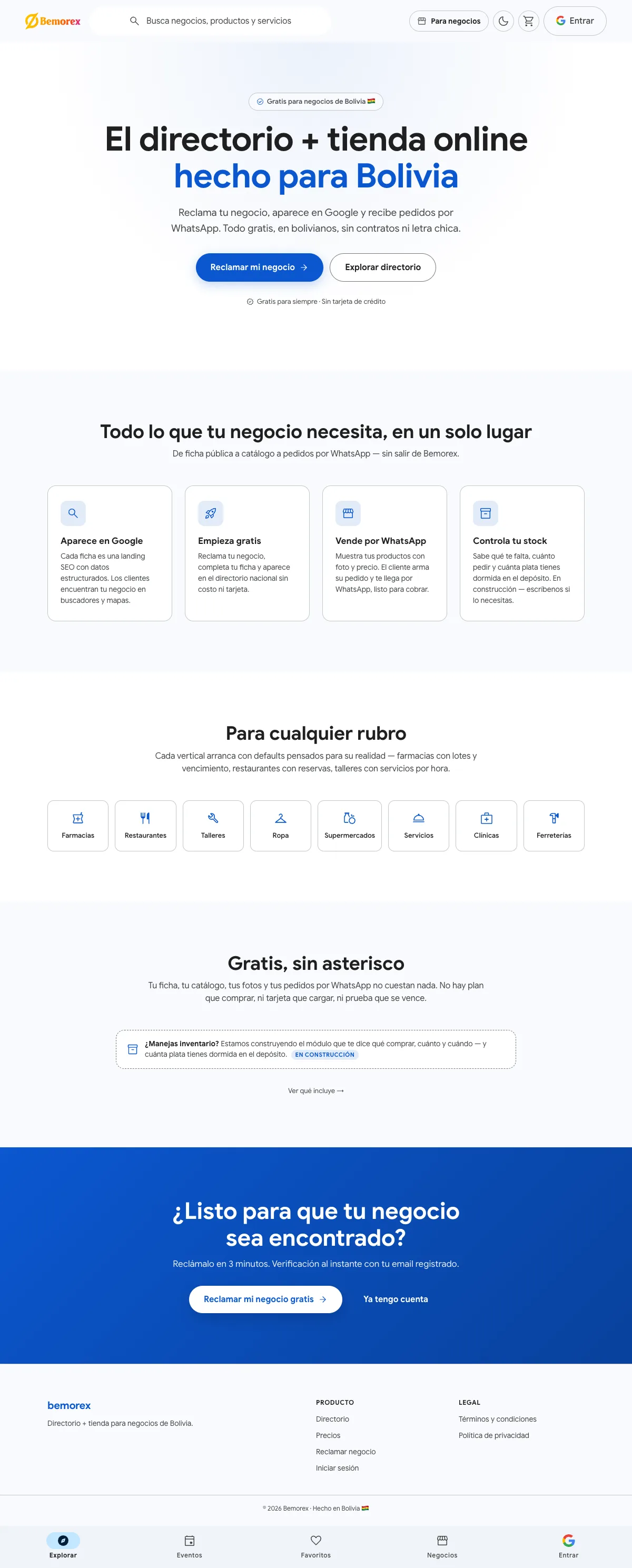 Bemorex Mi Negocio, página completa: página para negocios
