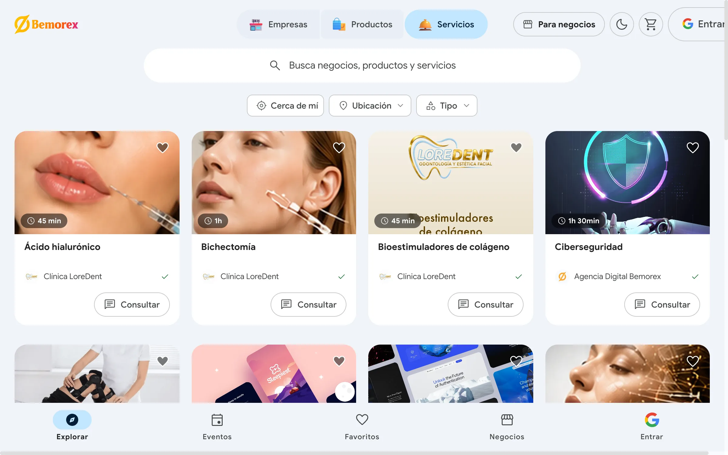 Bemorex Mi Negocio: tipografía en el listado de servicios