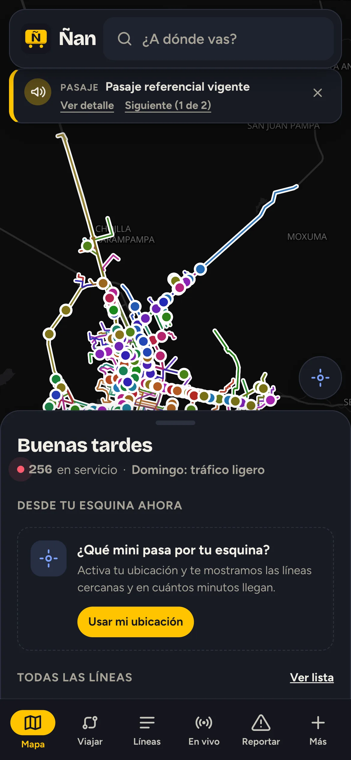 Ñan en modo oscuro: mapa de inicio