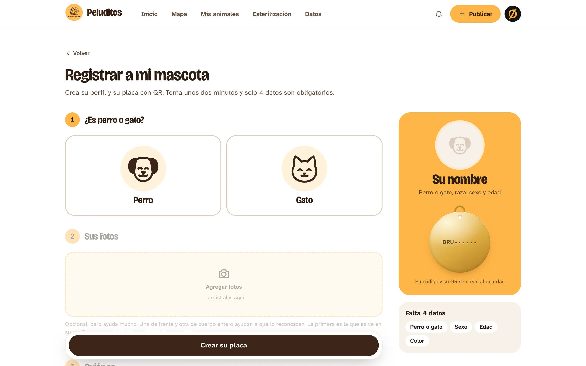 Peluditos: registrar a mi mascota con vista previa de la placa