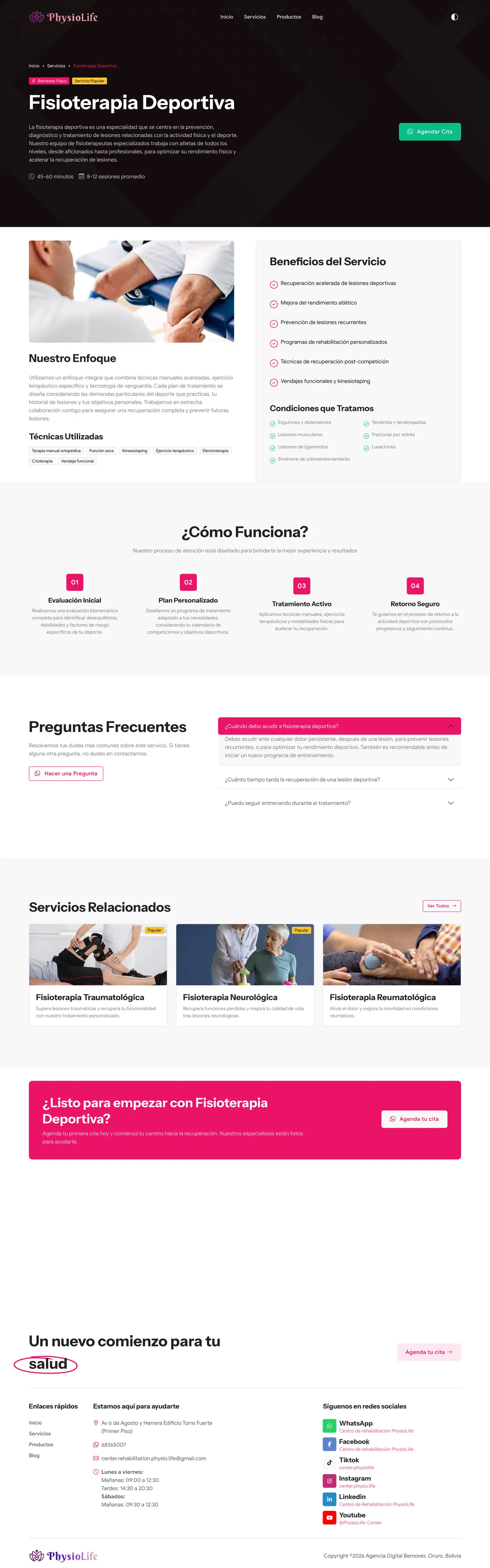 PhysioLife, página completa: fisioterapia deportiva completa