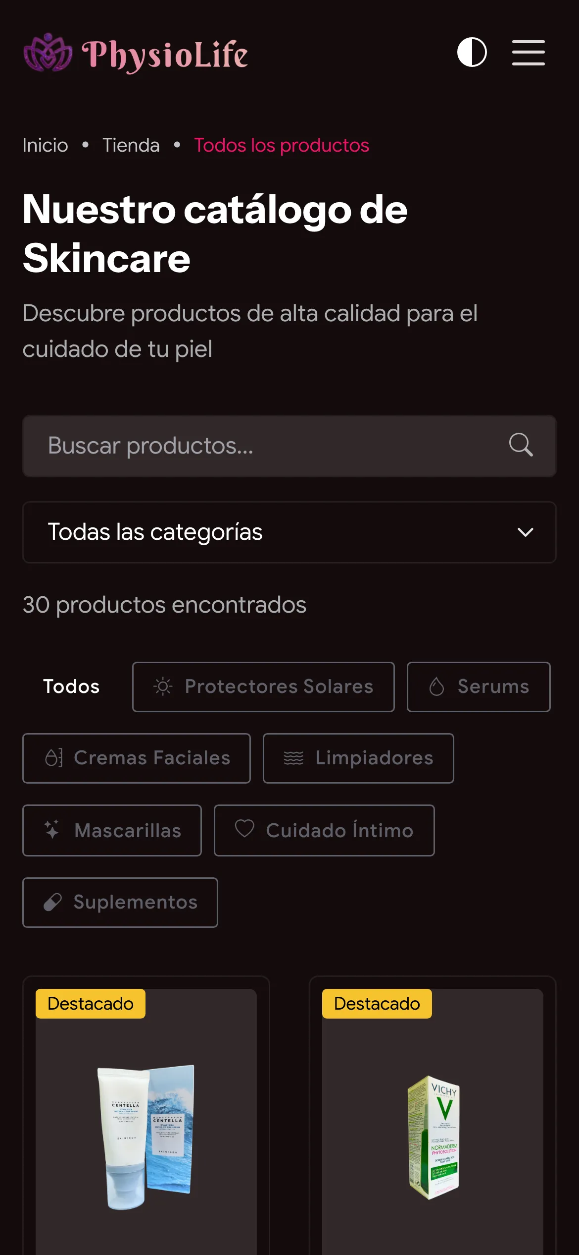 PhysioLife en modo oscuro: tienda