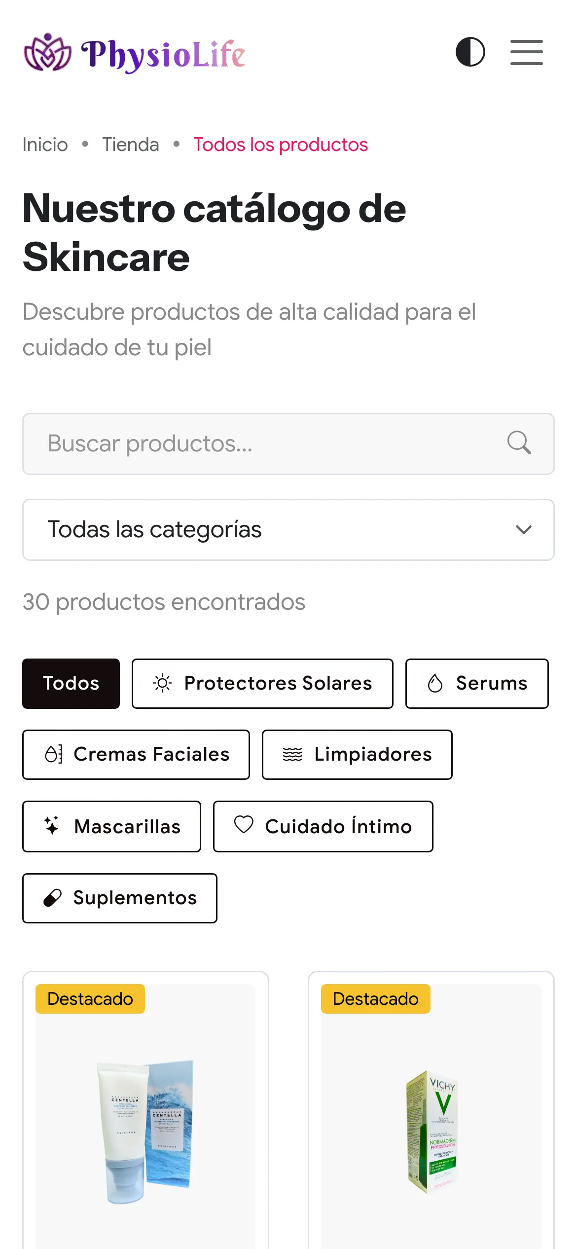 PhysioLife en modo claro: tienda