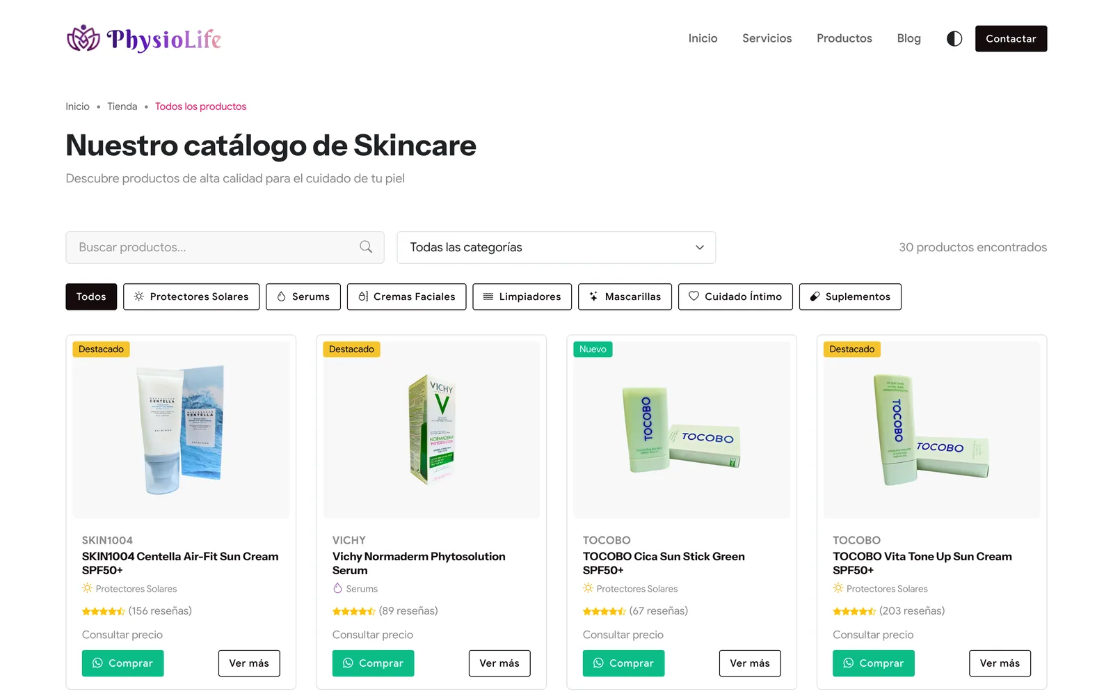 PhysioLife: catálogo de productos