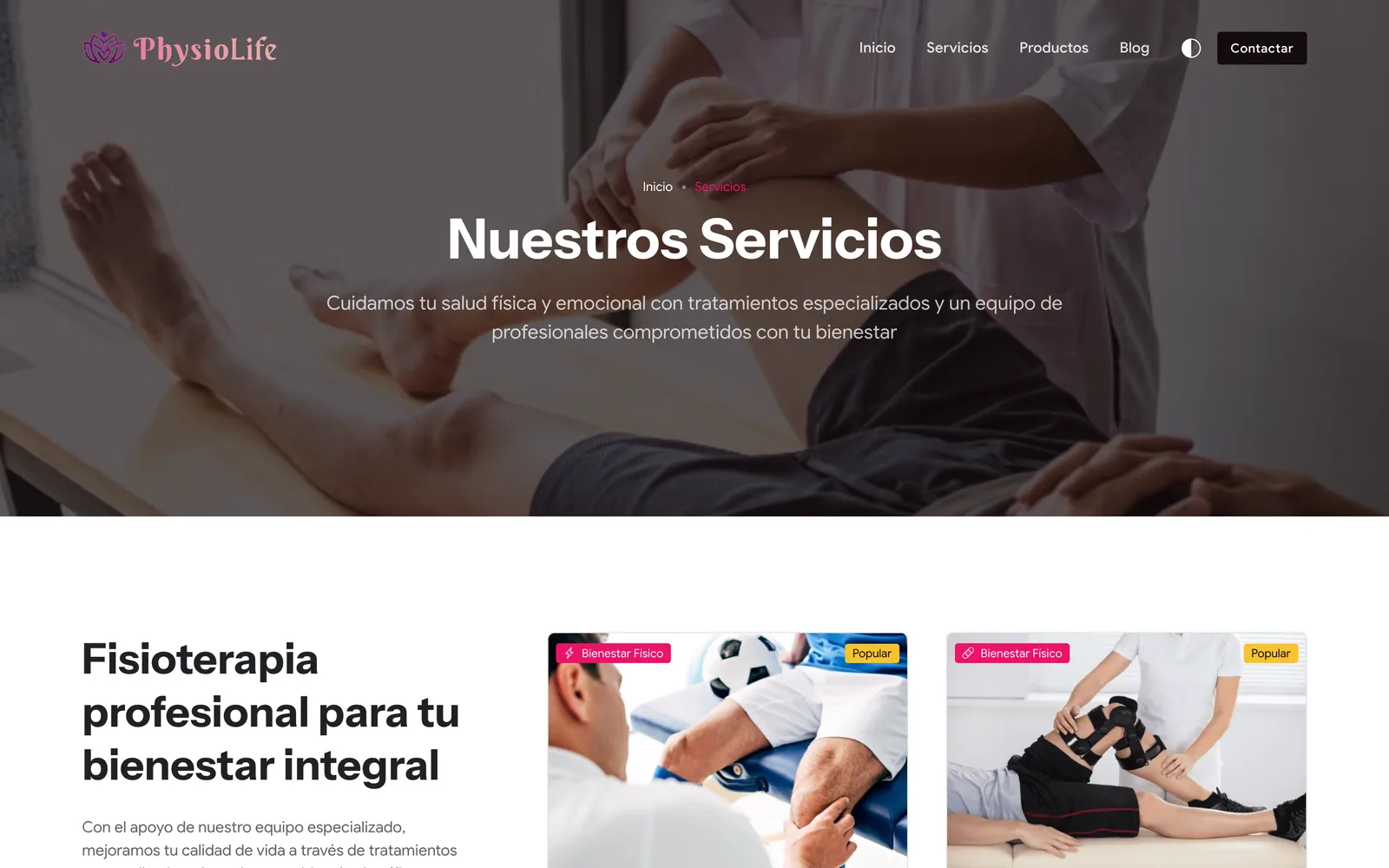 PhysioLife: tipografía aplicada en el índice de servicios