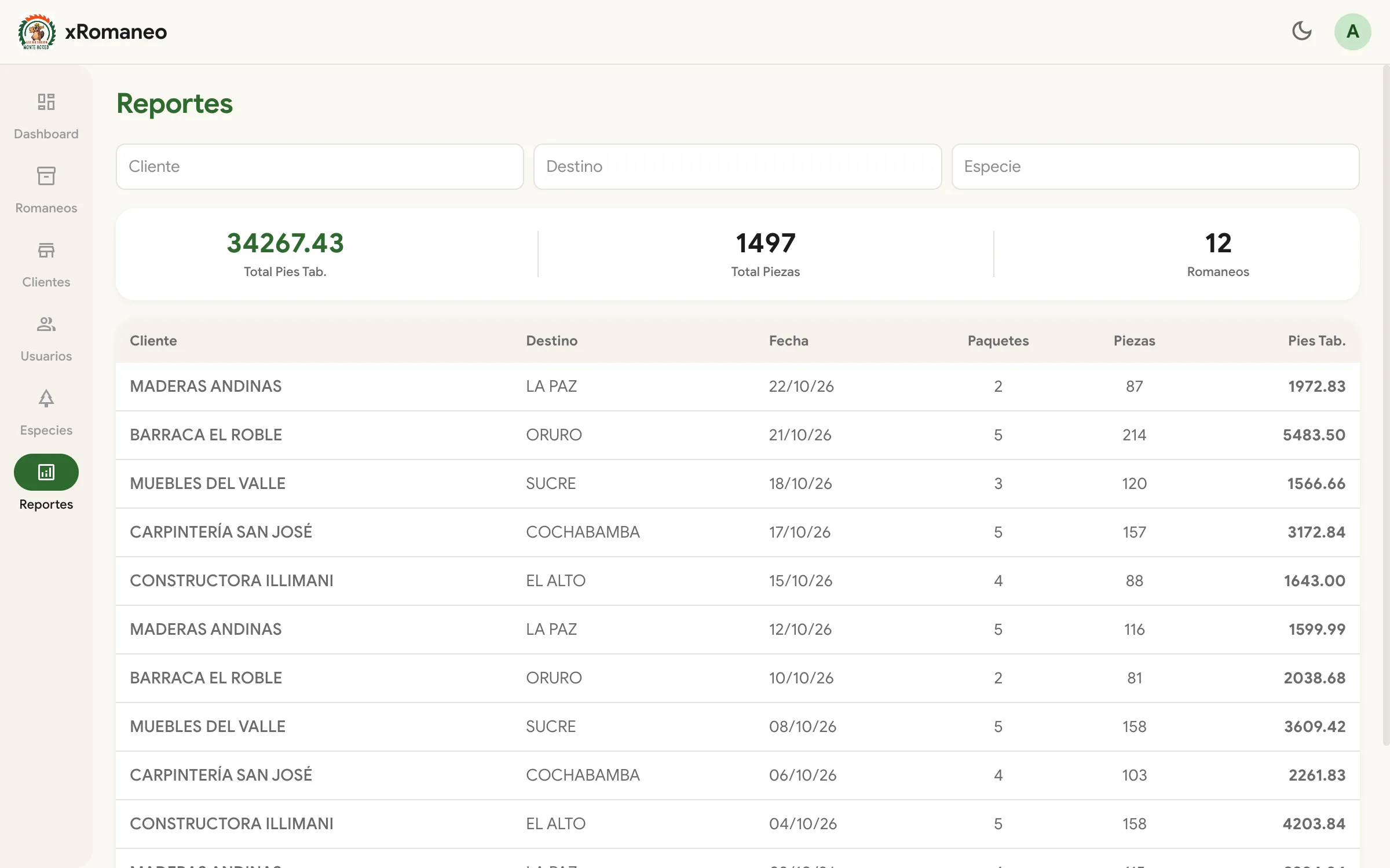 xRomaneo: reporte general con filtros