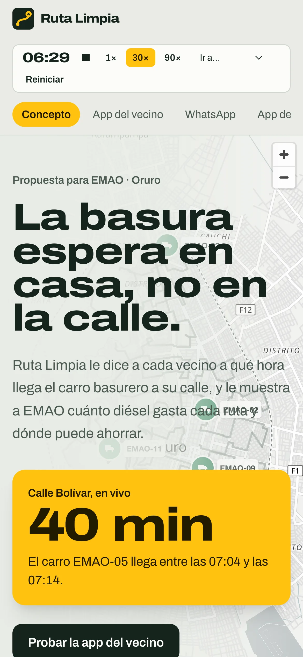 Ruta Limpia en el celular: portada con la hora de llegada en vivo