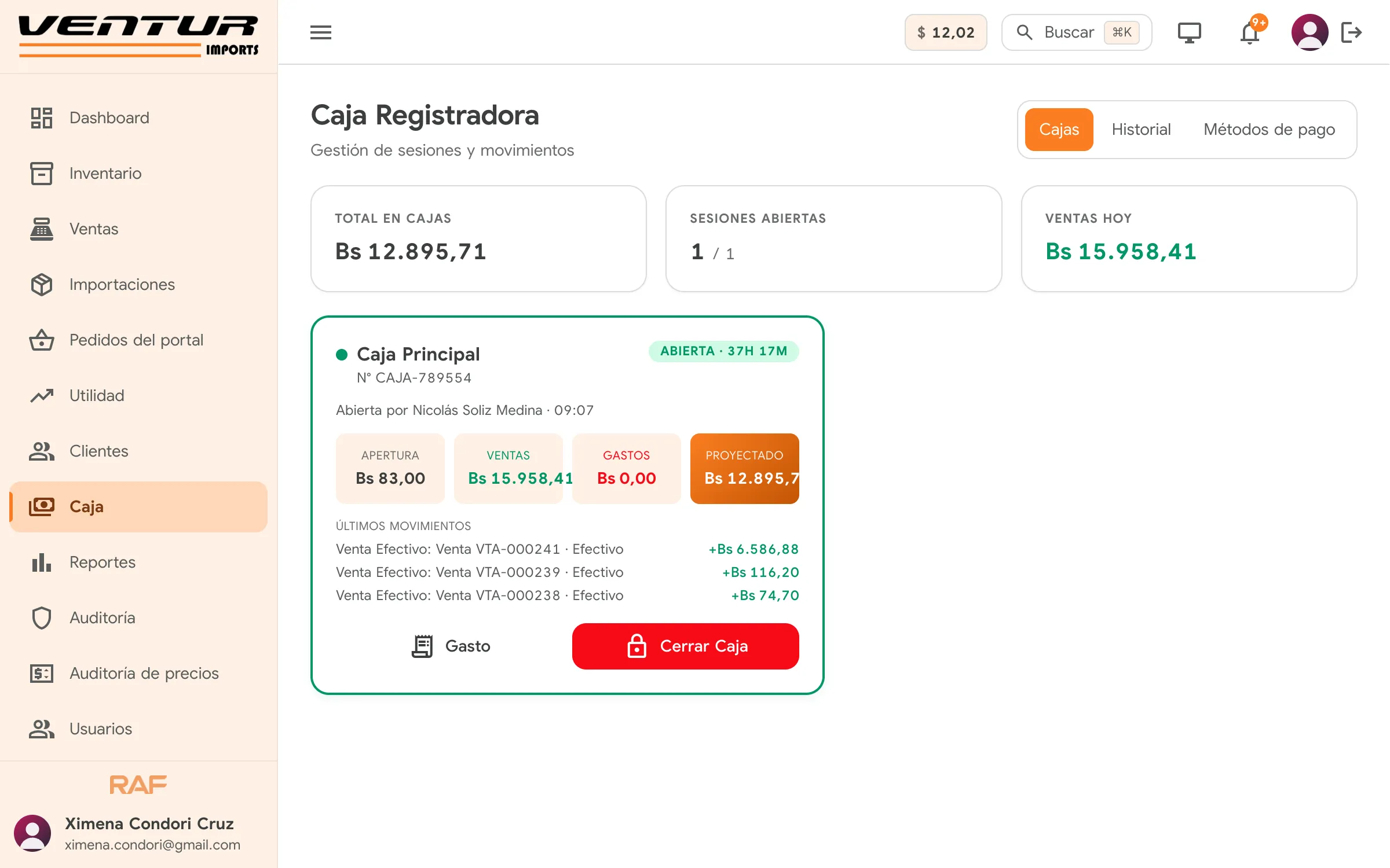 Ventur: caja registradora