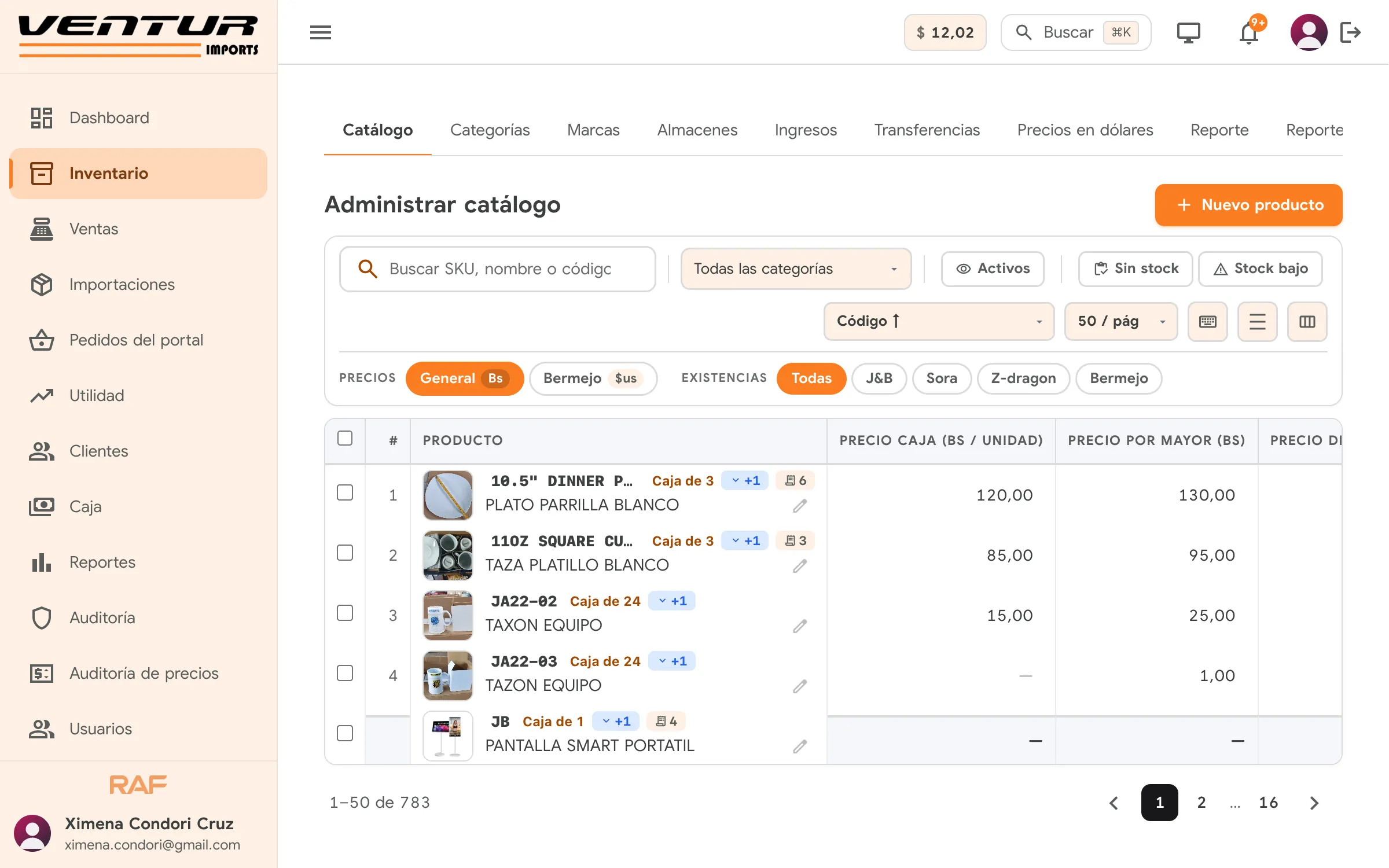 Ventur: catálogo con precios por caja y por mayor