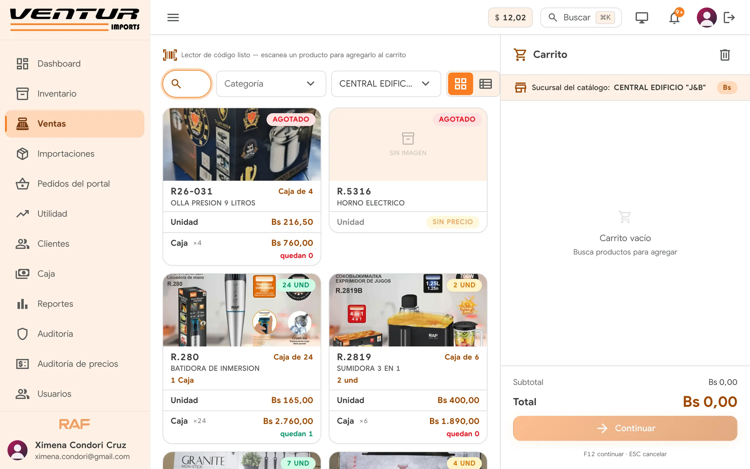 Ventur: punto de venta con lector de códigos y carrito