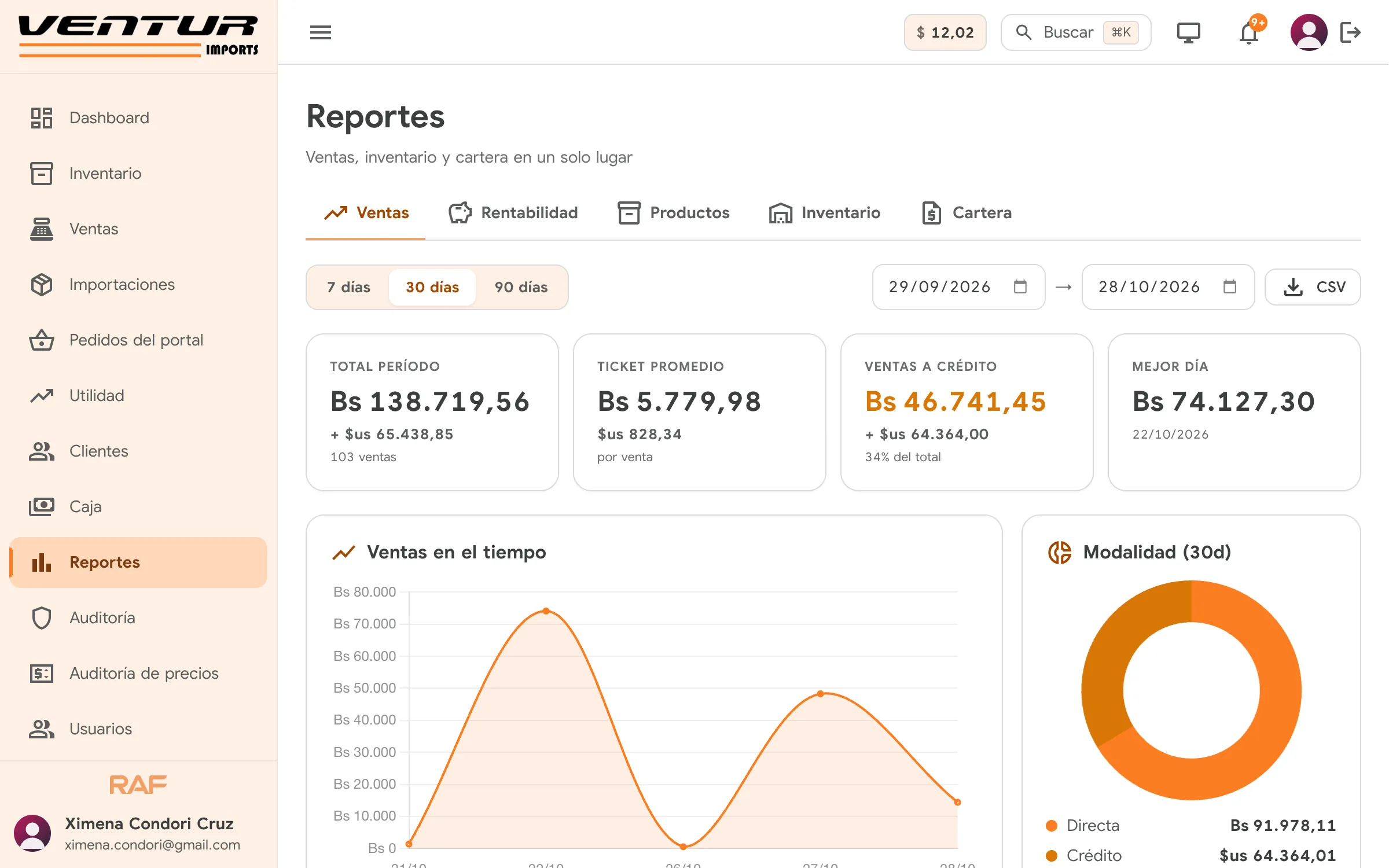 Ventur: reportes de ventas