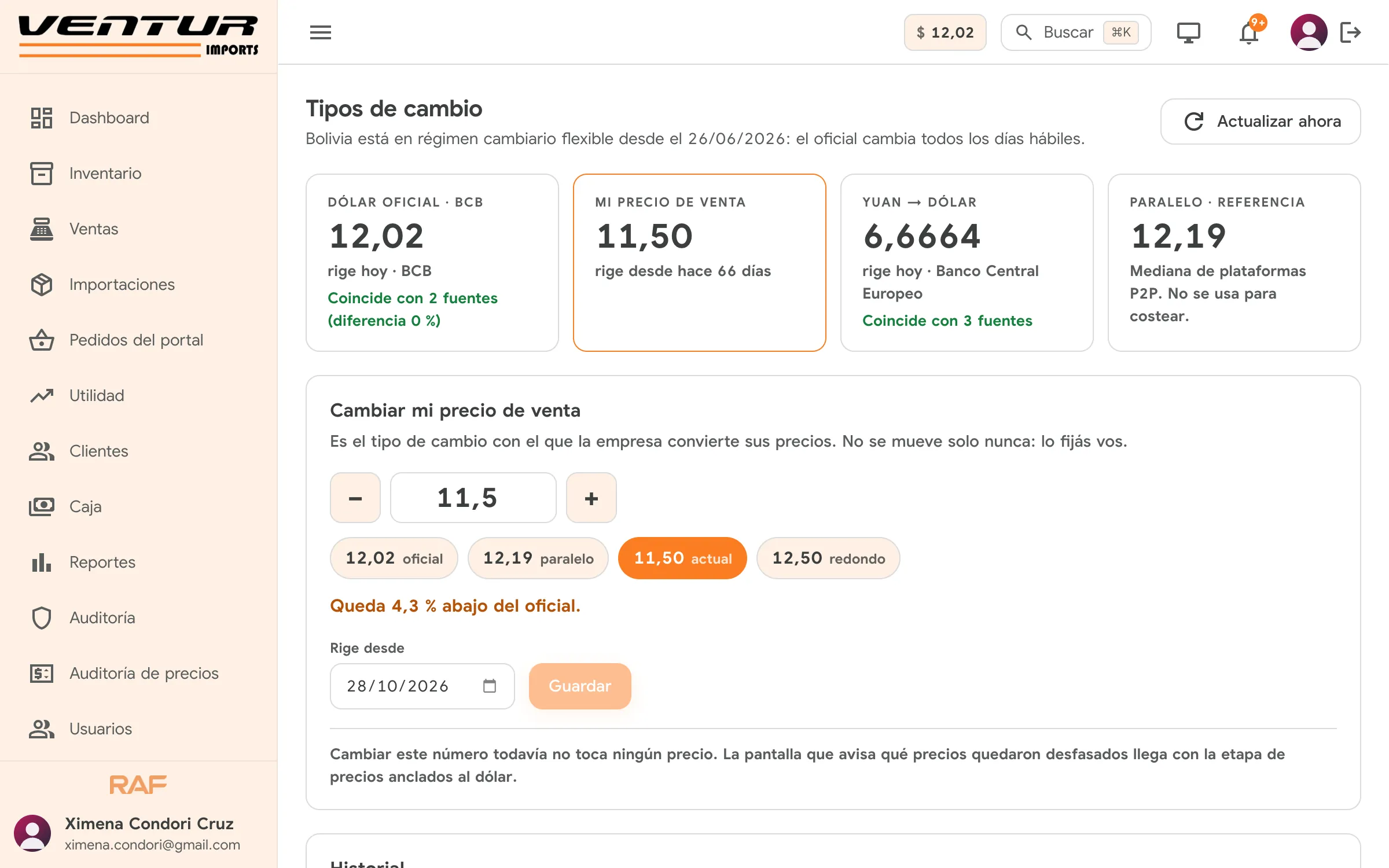 Ventur: tipos de cambio