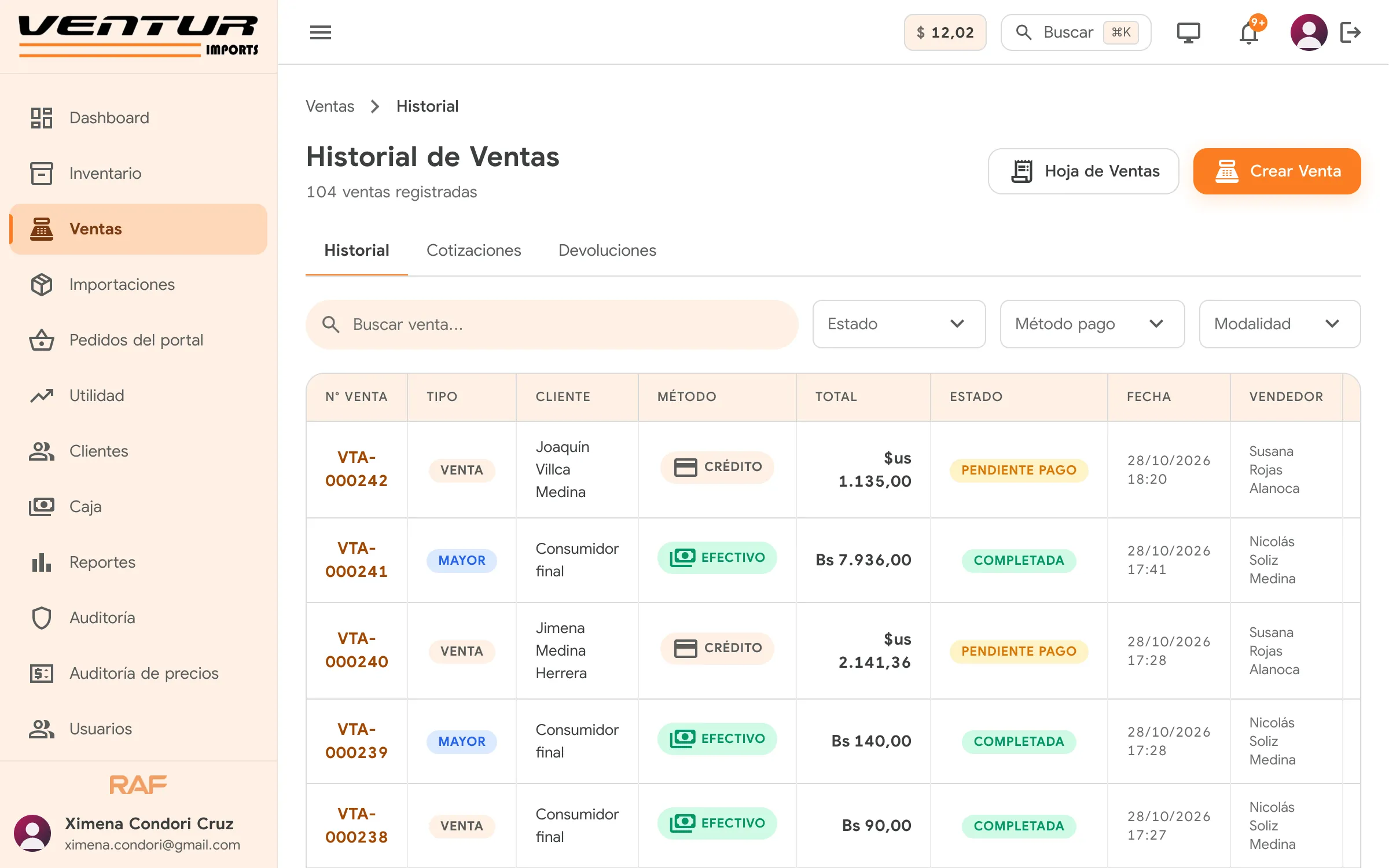 Ventur: historial de ventas