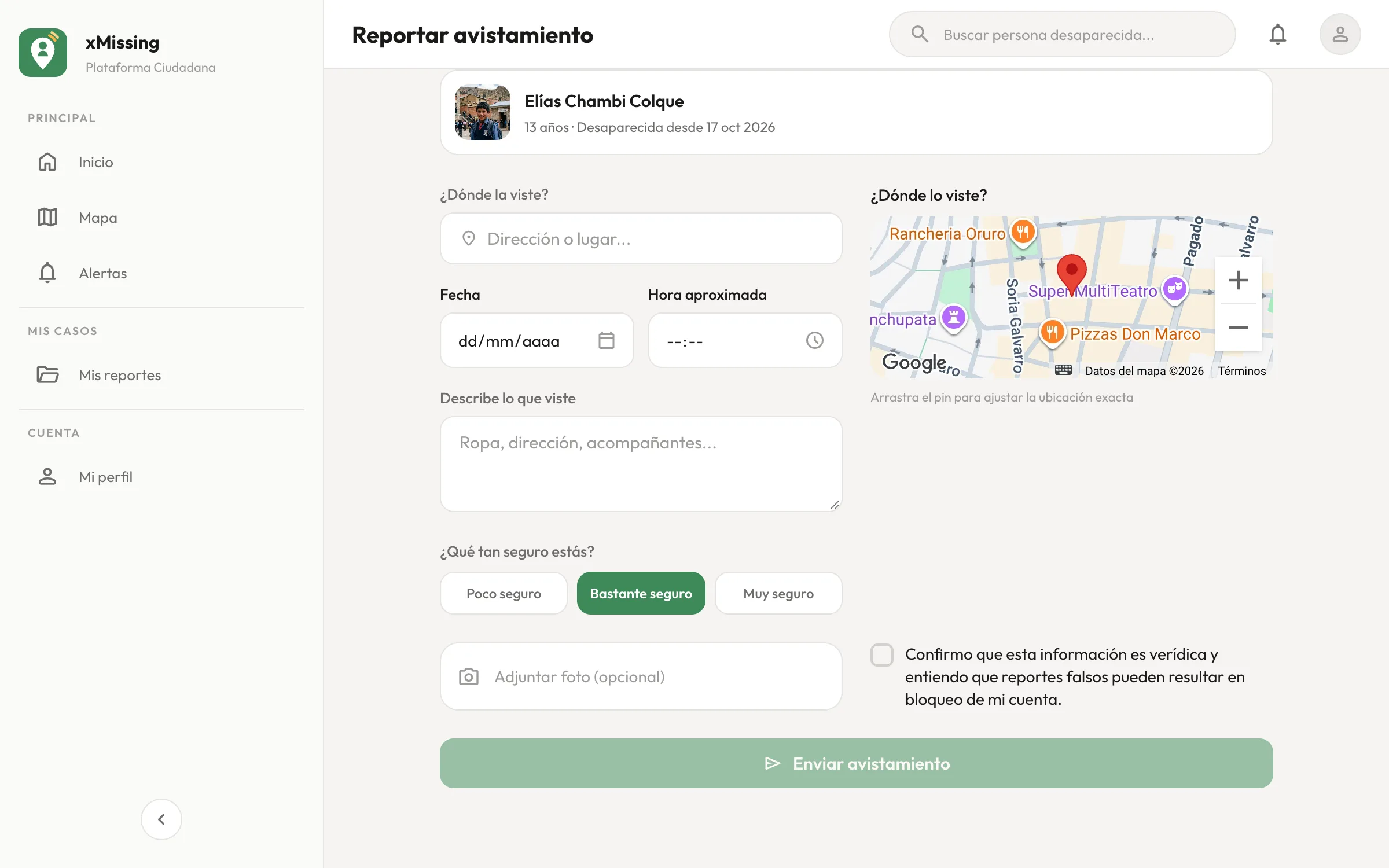 xMissing: reportar un avistamiento