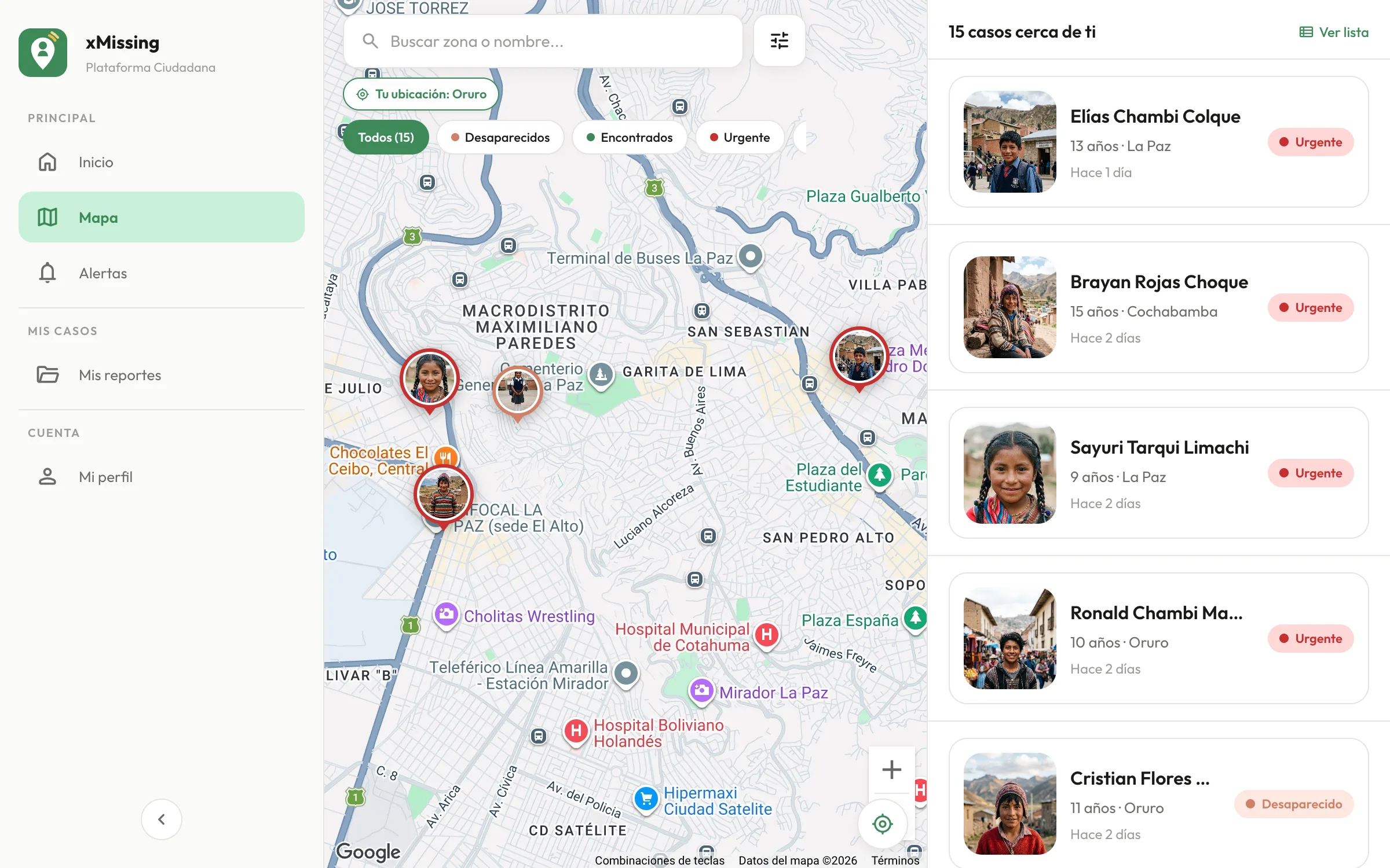 xMissing: mapa de casos cerca de Oruro