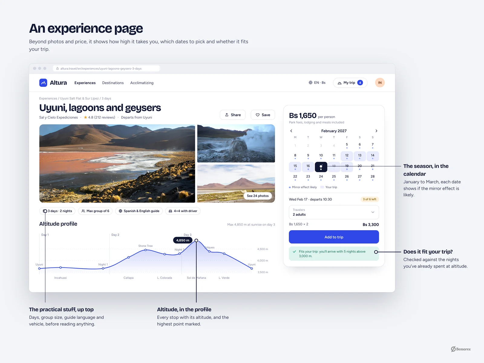 Altura — travel booking website bolivia experience page annotated