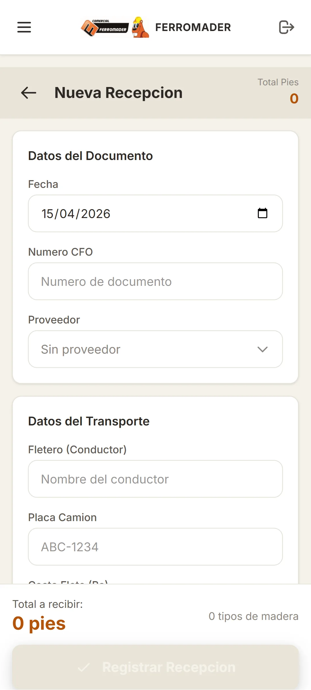 Ferromader — recepcionform