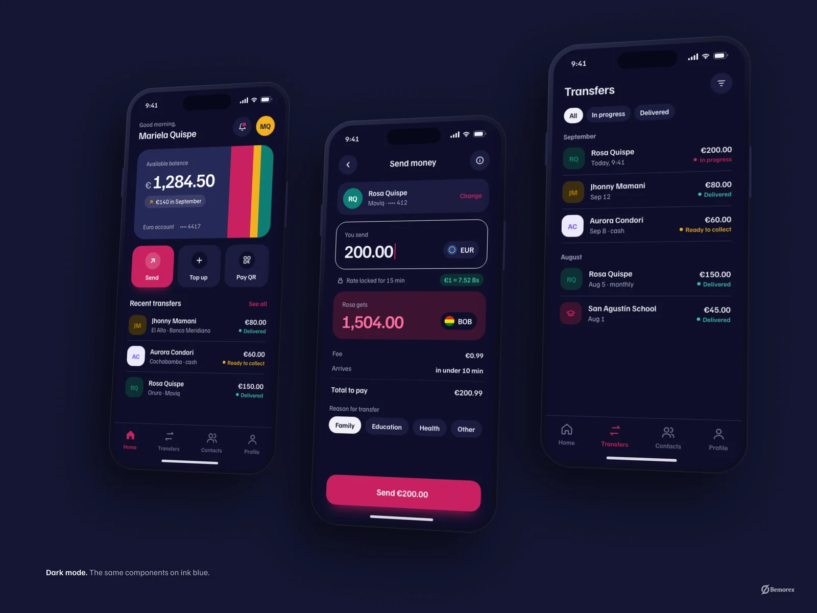 Fluxo — money transfer app dark mode