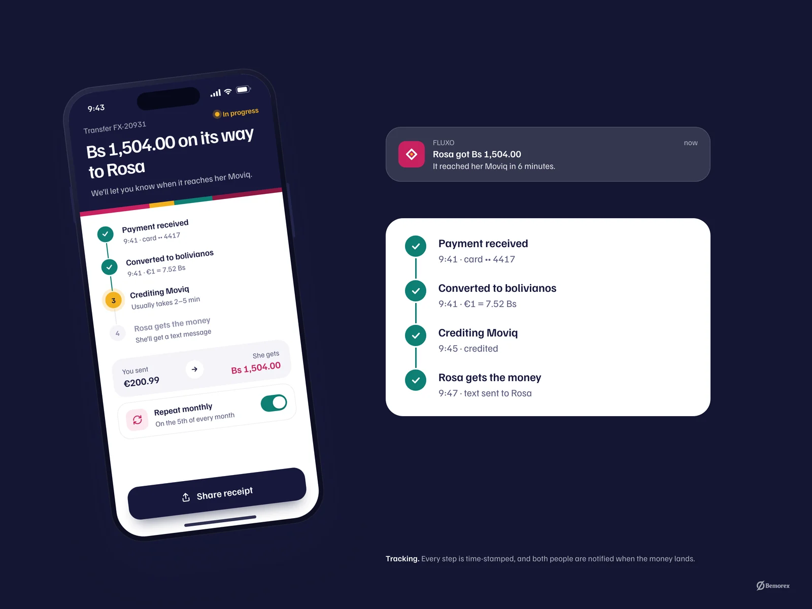 Fluxo — money transfer app transfer tracking
