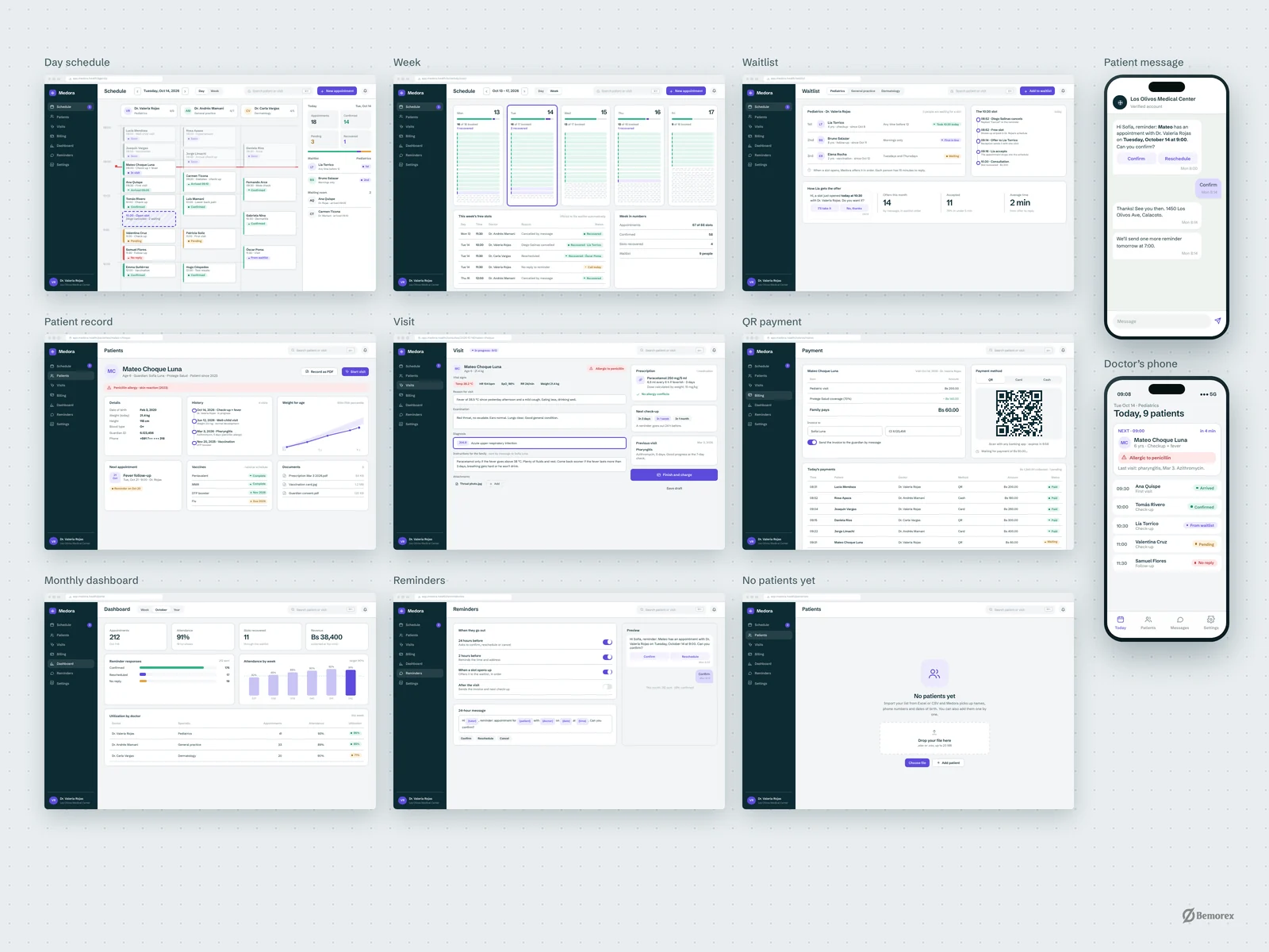 Medora — clinic management software screens