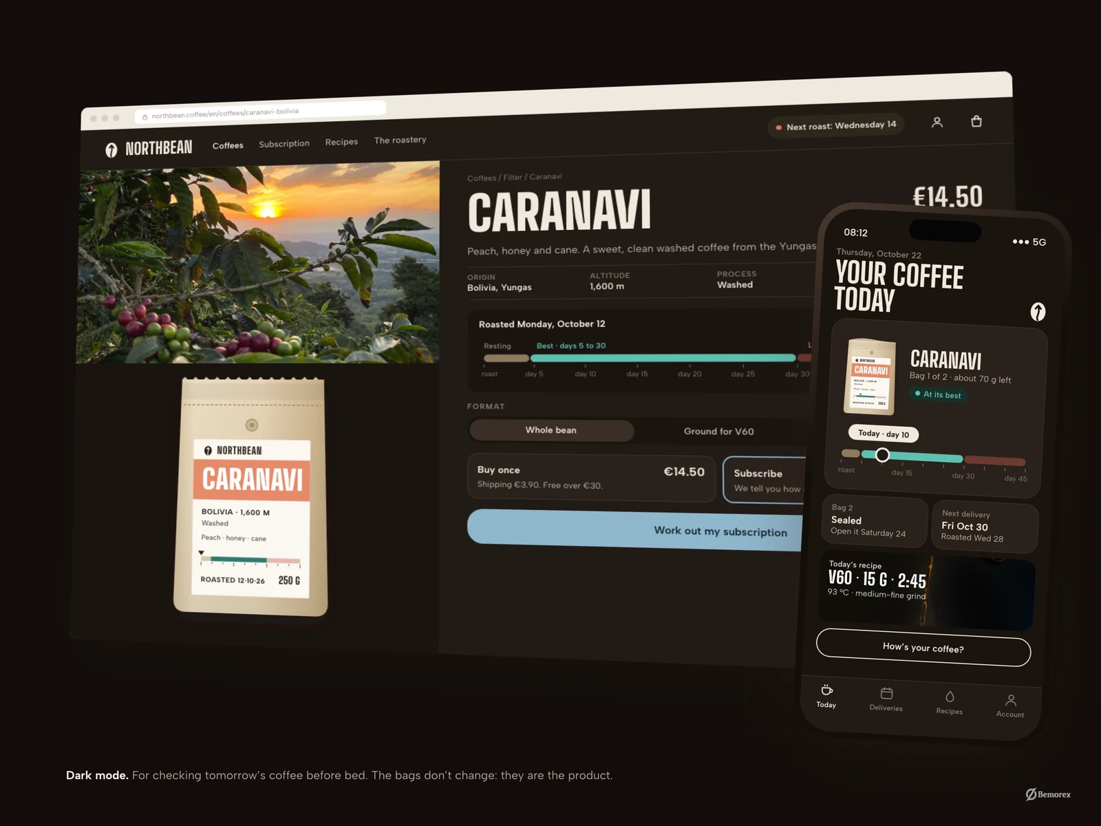 Northbean — coffee brand packaging store dark mode