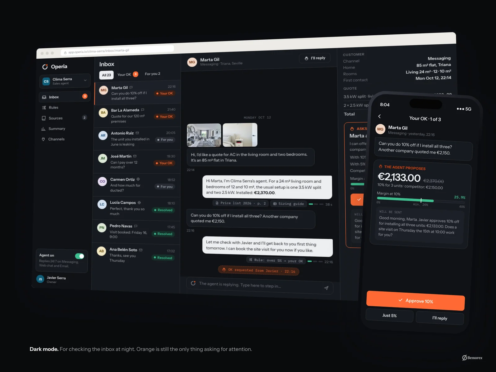 Operia — ai customer agent small business dark mode
