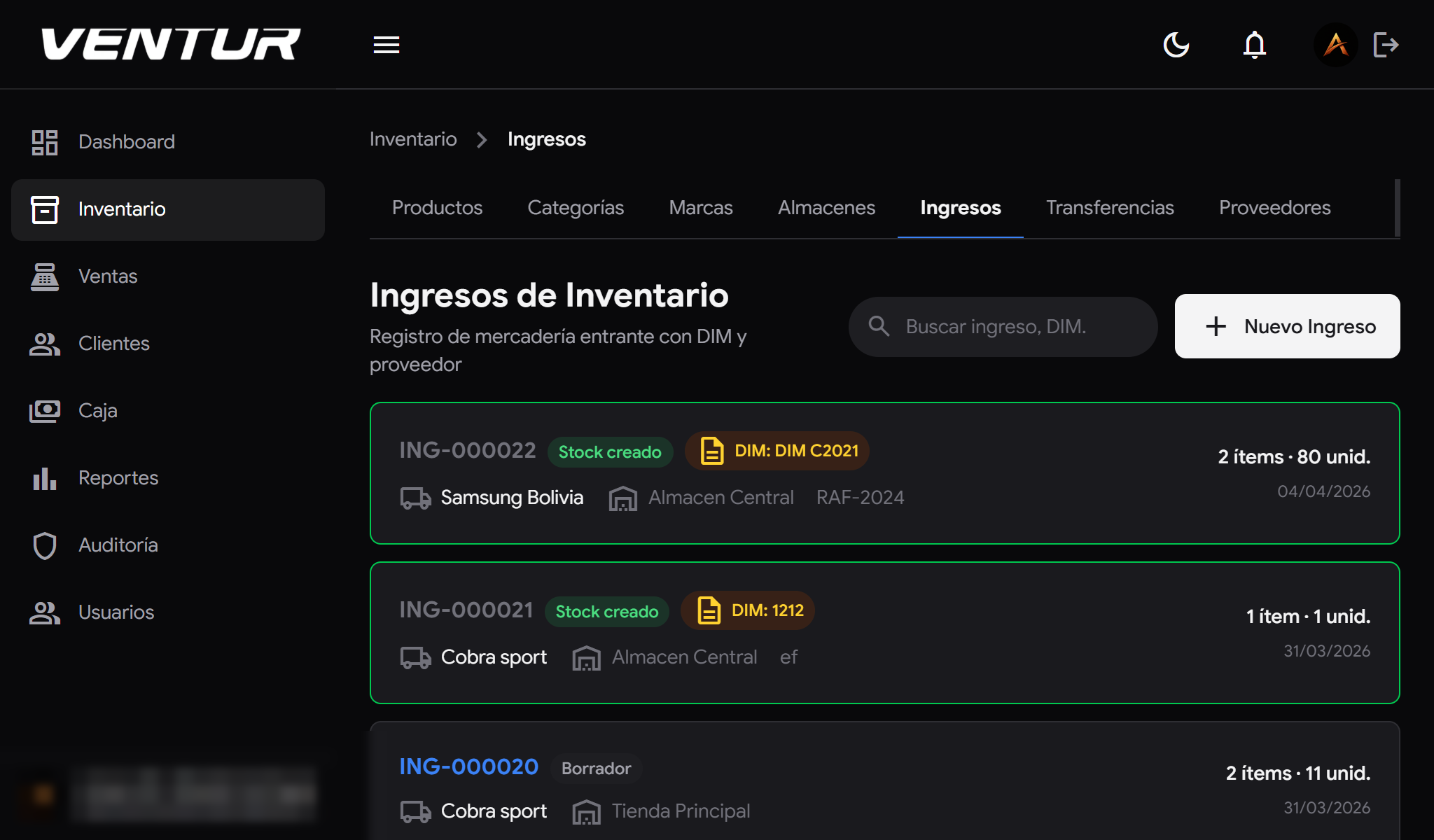 Venture — inventario